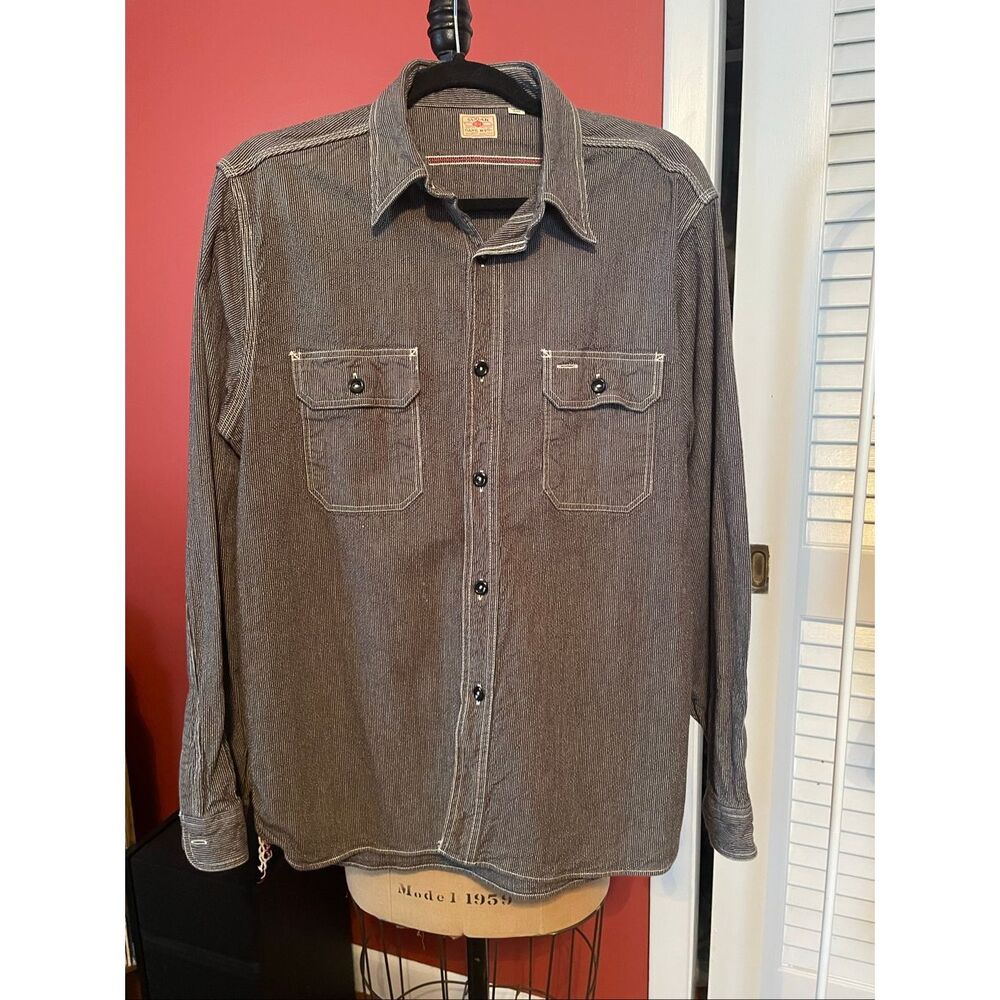 SUGAR CANE MFG | gray white stitch button down L